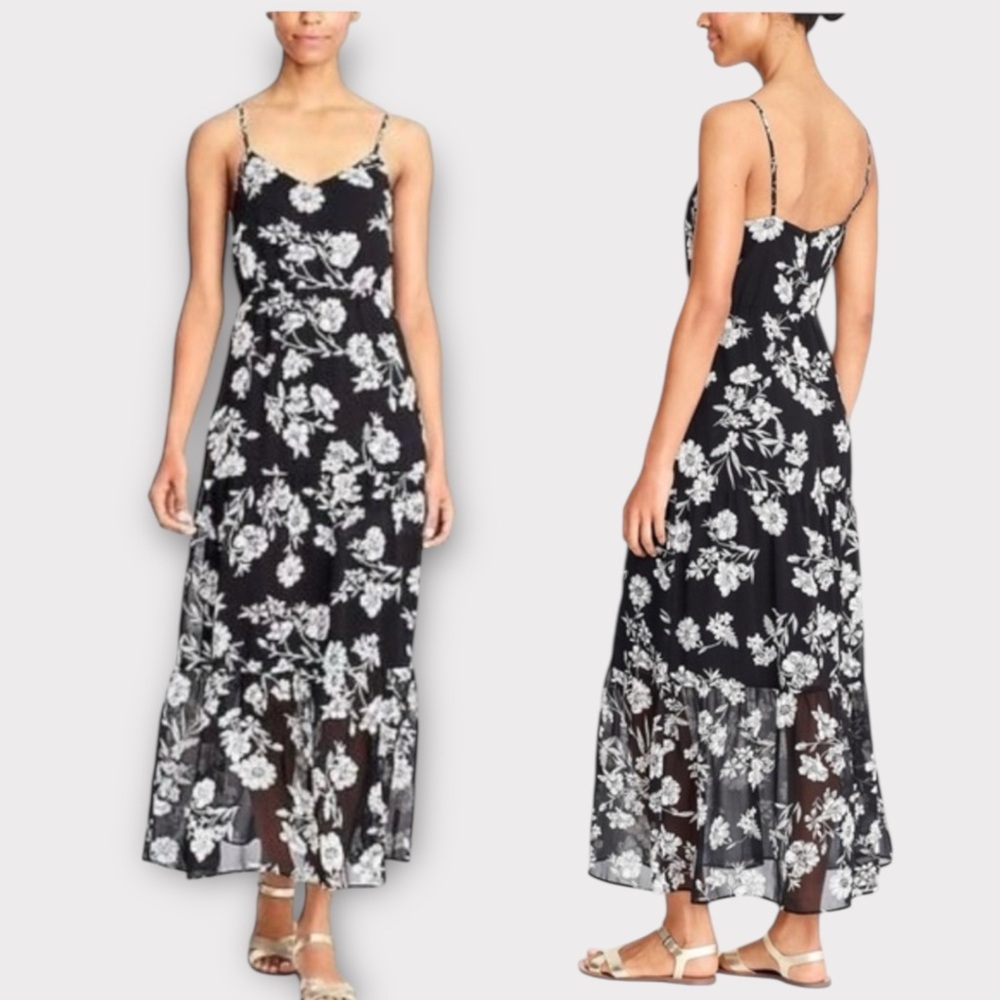 J Crew Mercantile Floral Black and White Maxi Dress, Flowy Tiered Dress, Large